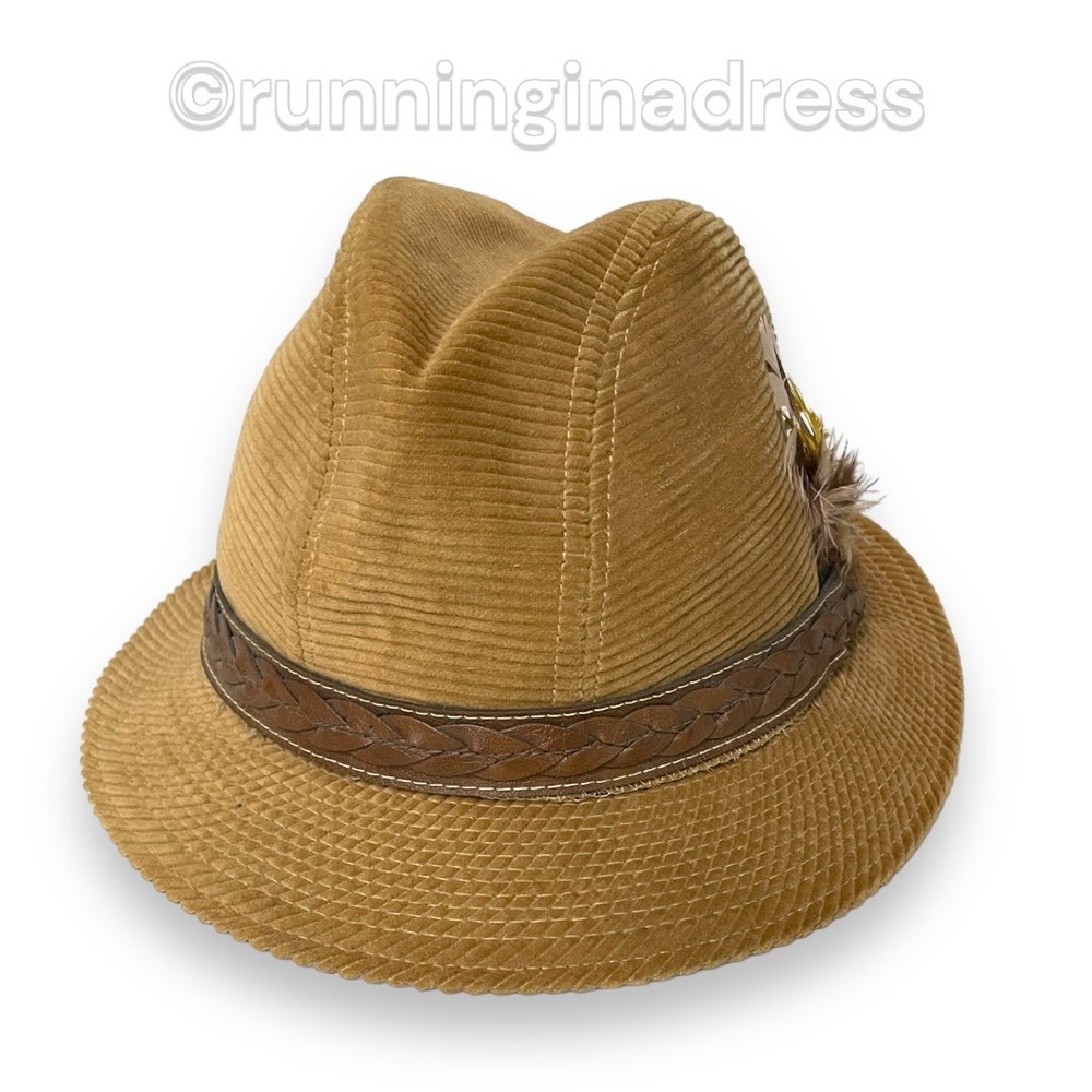 Vintage Deadstock Biltmore Brown Corduroy Fedora Hat Braided Leather & Feathers
